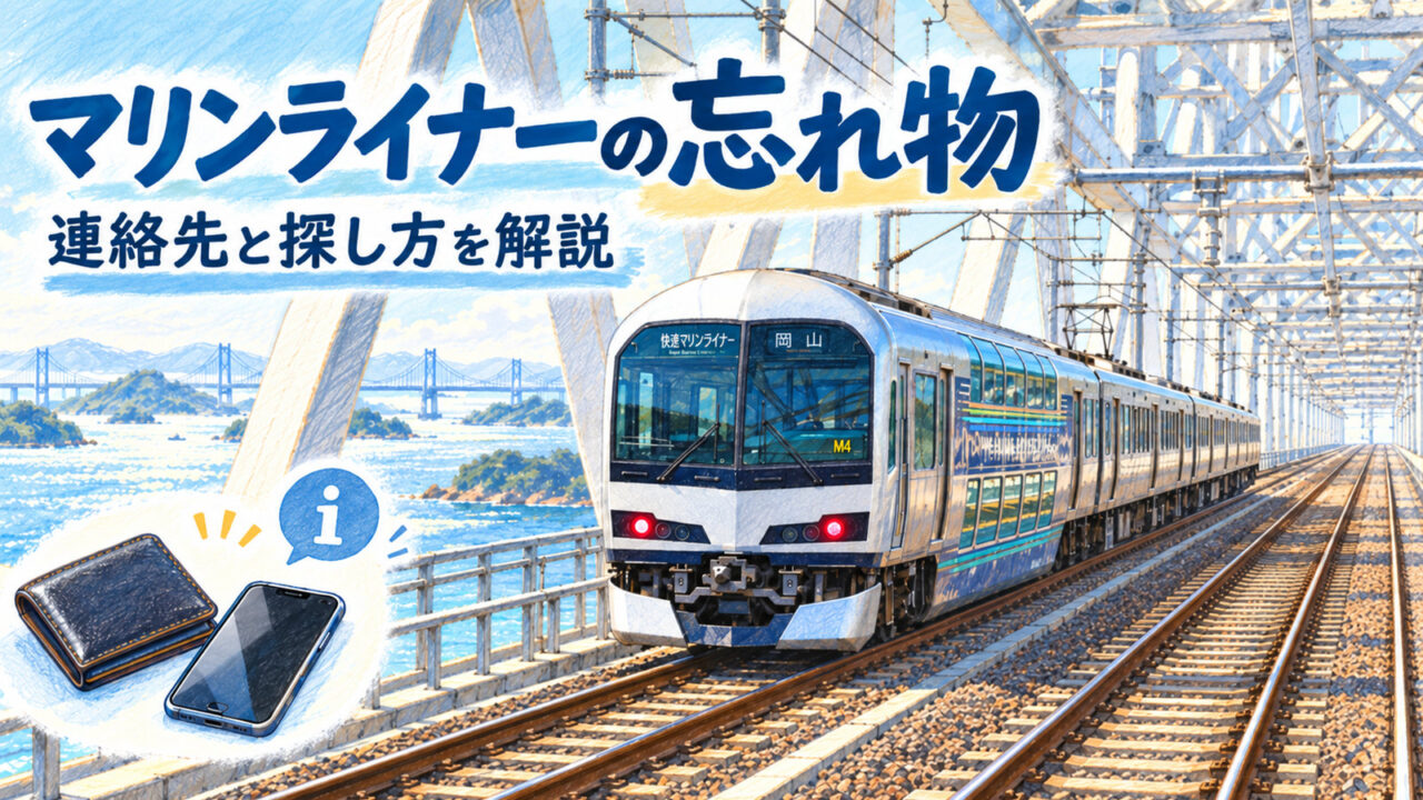 瀬戸大橋を走るマリンライナーと財布・スマートフォンを描いた忘れ物記事のアイキャッチ画像