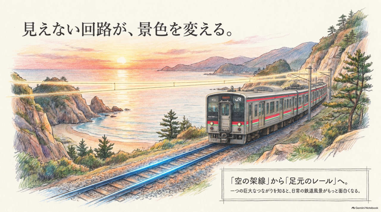架線からレールへつながる電気回路 電化区間を走る列車と架線、レールの電気回路を示すまとめイラスト
