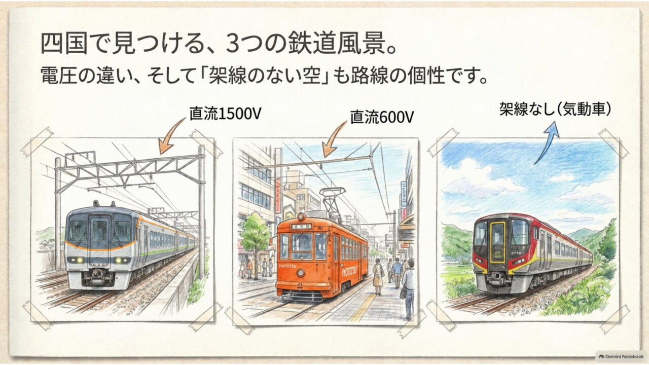 四国で見られる架線電圧と非電化 JR四国の直流1500V、路面電車の直流600V、架線のない気動車を並べて比較した図解