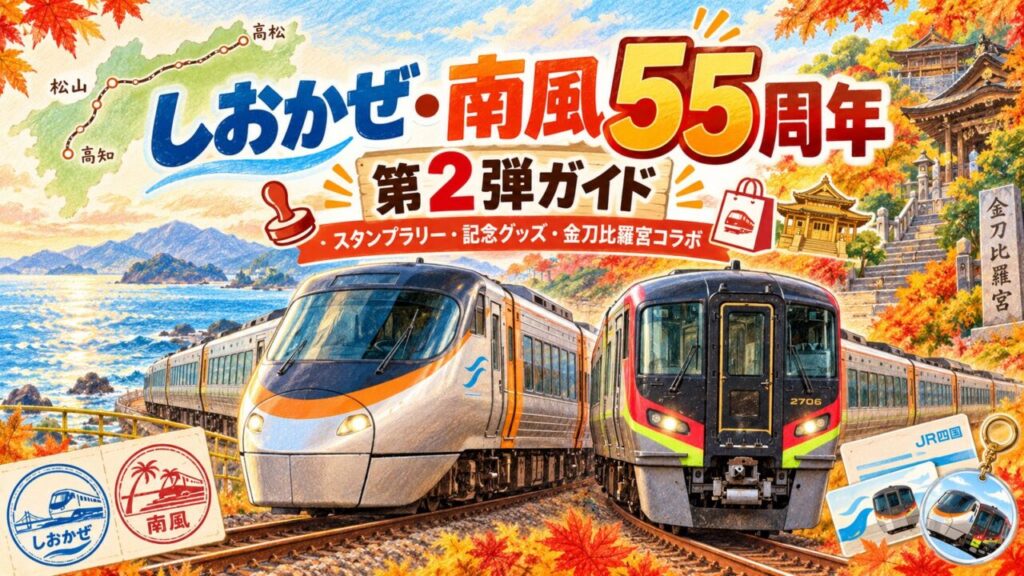 特急しおかぜ・南風55周年の第2弾キャンペーンを紹介する色鉛筆画風のアイキャッチ画像