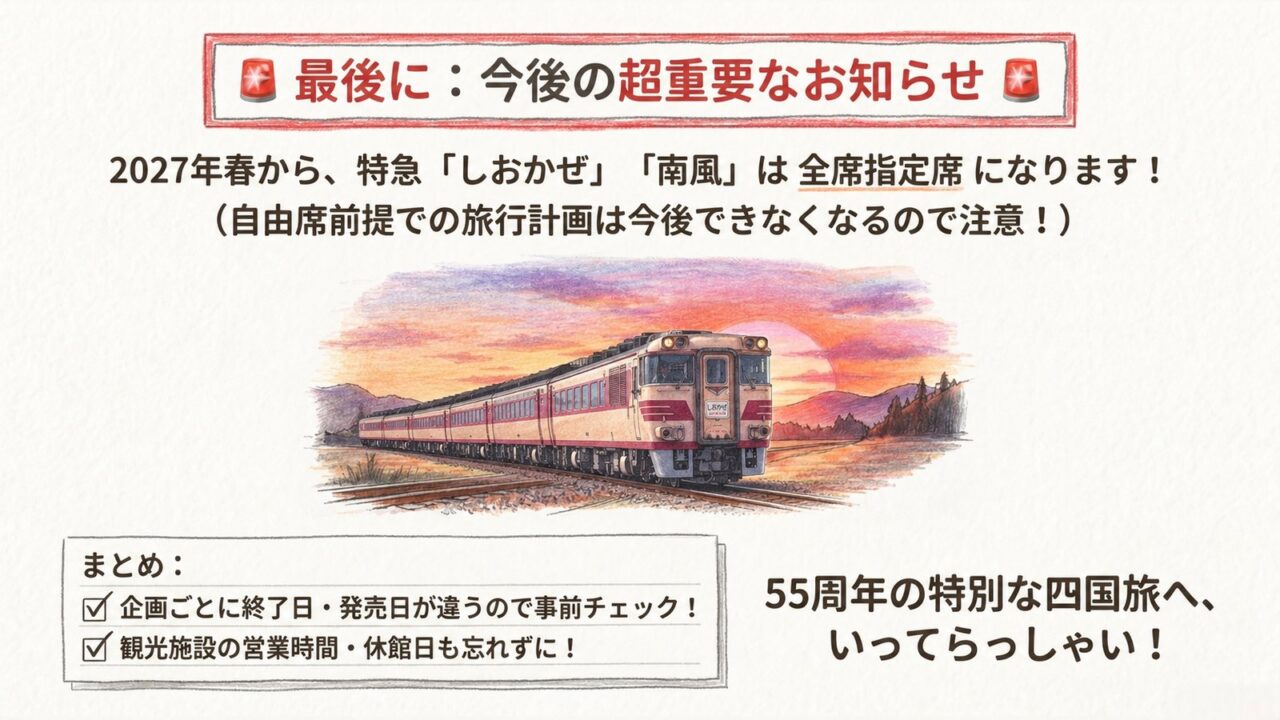 2027年春のしおかぜ・南風全席指定席化 2027年春から特急しおかぜ・南風が全席指定席になることを案内する画像。国鉄色のキハ181系しおかぜを夕景イラストで掲載