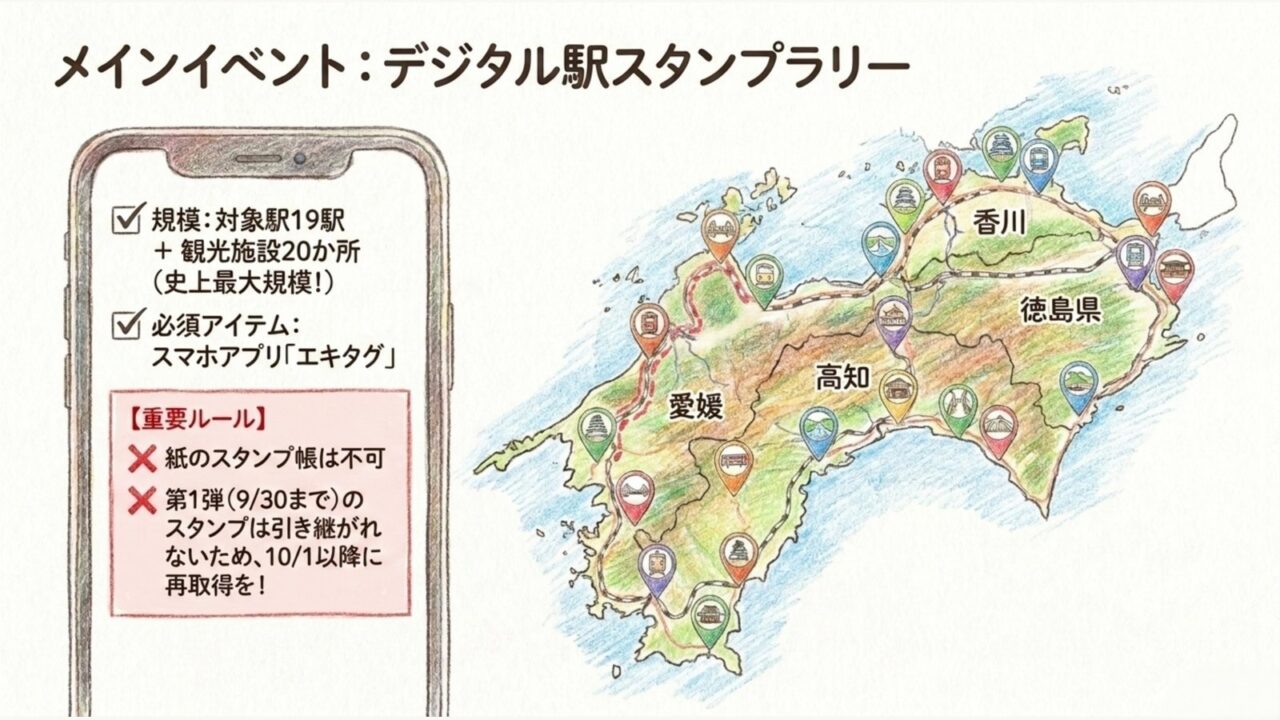 しおかぜ・南風55周年デジタル駅スタンプラリー 対象駅19駅と観光施設20か所を巡る第2弾デジタル駅スタンプラリーの概要スライド