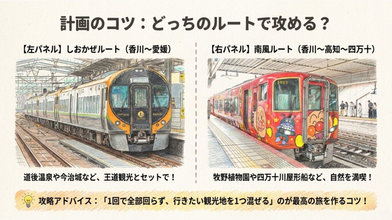 しおかぜ・南風沿線を巡るルートの考え方 しおかぜルートと南風ルートに分けてスタンプラリーを巡る計画のコツを示すスライド