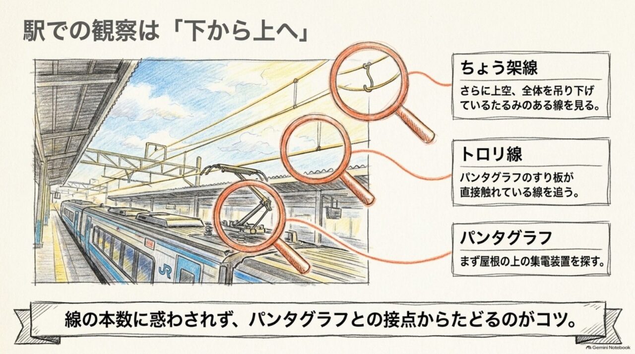 駅で架線を観察するポイント パンタグラフからトロリ線、ちょう架線へ順に見る架線観察の図