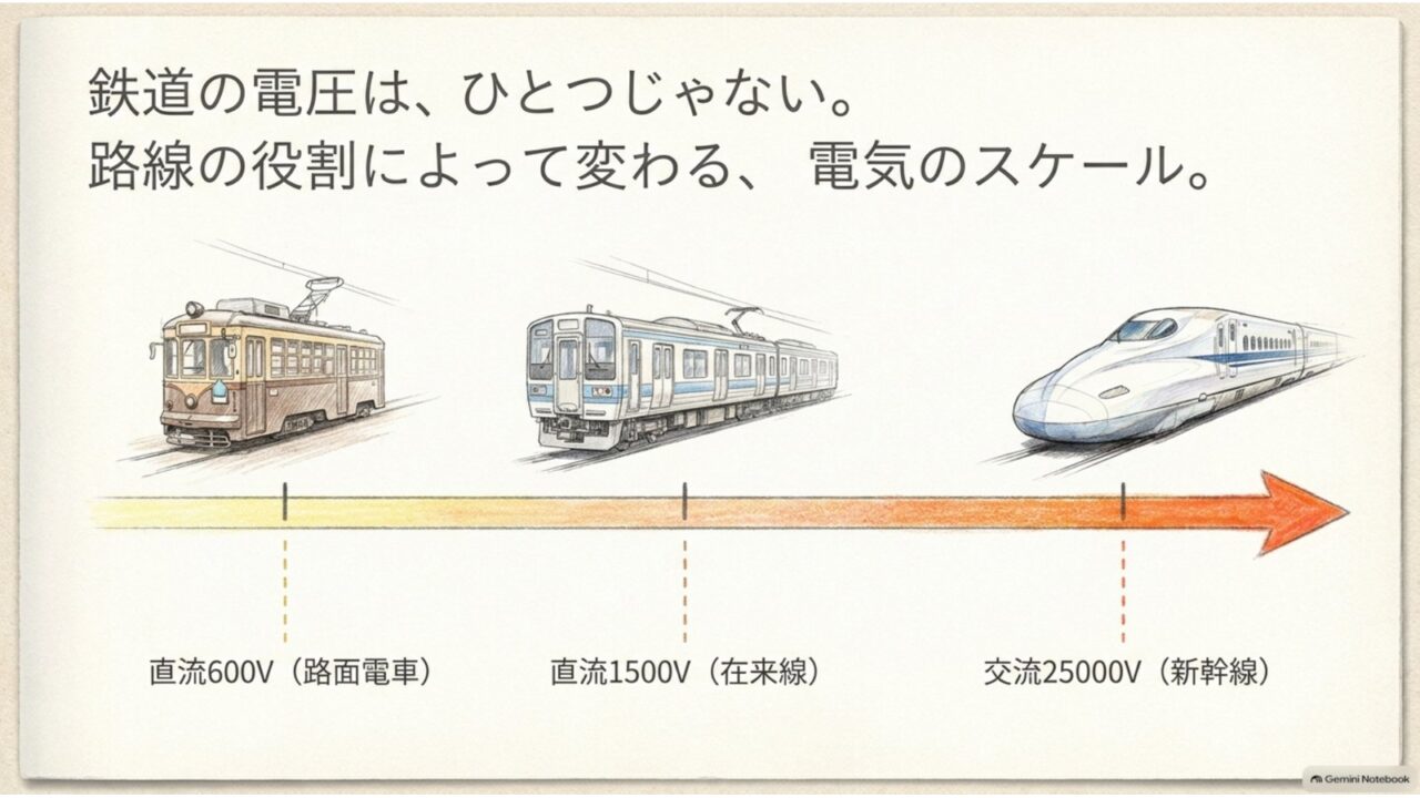 鉄道の架線電圧比較|600V・1500V・25000V 路面電車の直流600V、在来線の直流1500V、新幹線の交流25000Vを比較した図解