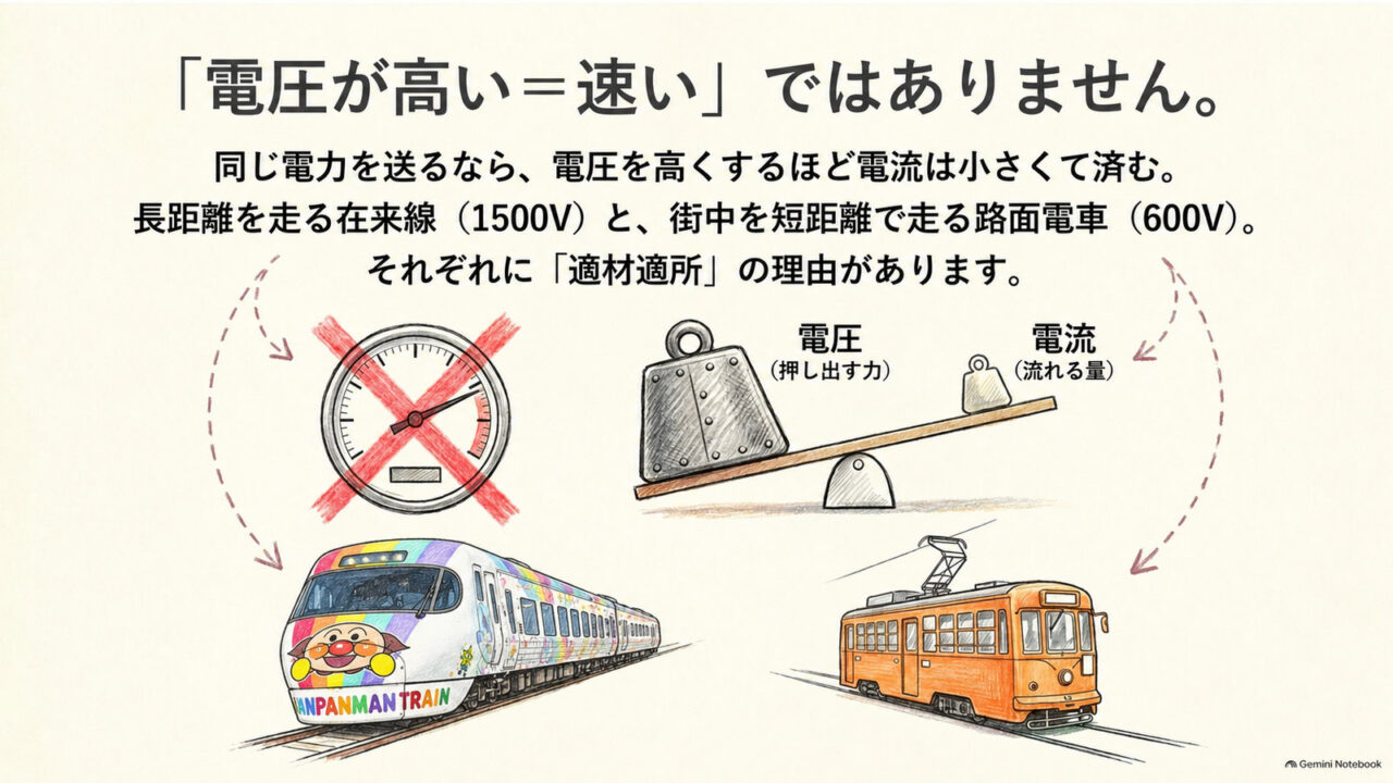 電圧が高いほど速いわけではない 直流1500Vの在来線と直流600Vの路面電車を、電圧と電流の関係とともに説明する図解