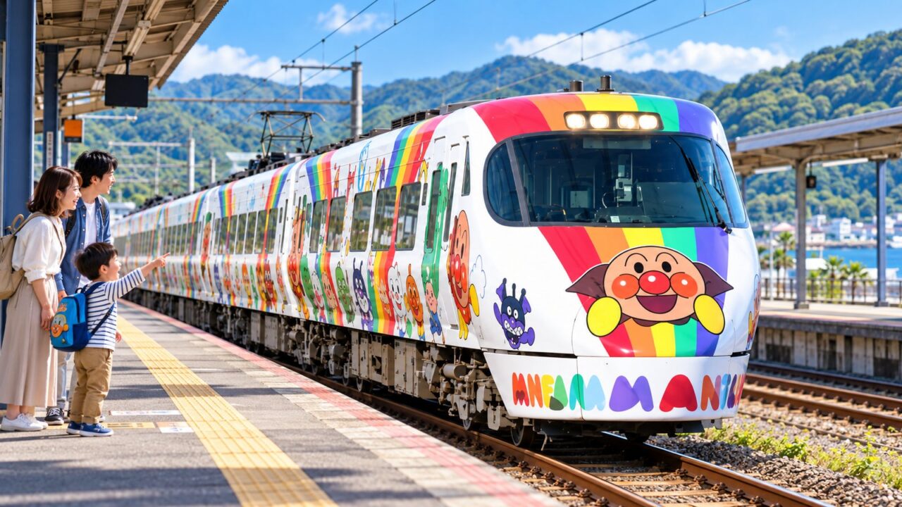 アンパンマン列車プレミアムツアー2026年10月版|料金・特典・予約前の注意点 2 駅で8000系アンパンマン列車を見る家族をイメージした画像