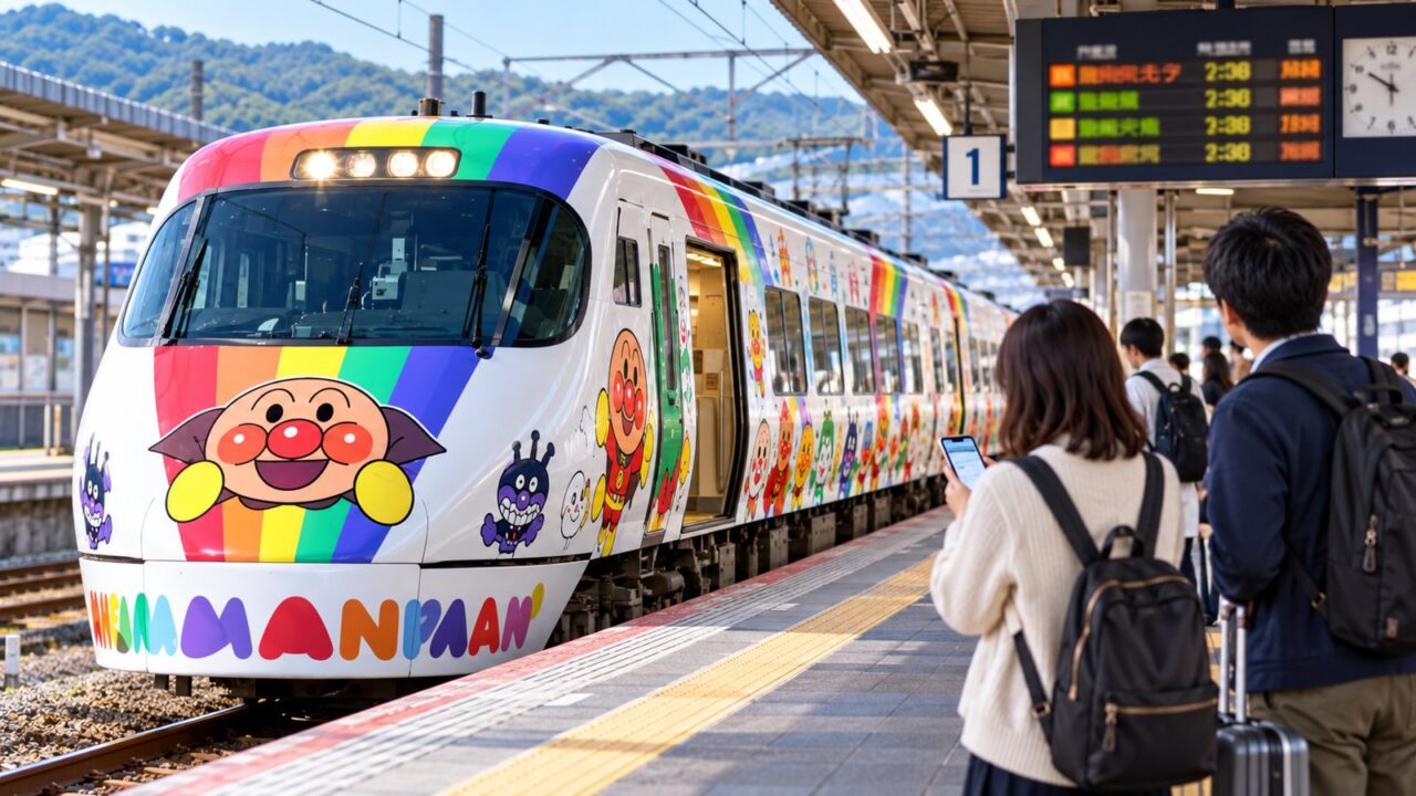 アンパンマン列車プレミアムツアー2026年10月版|料金・特典・予約前の注意点 6 アンパンマン列車の運転情報を駅で確認する旅行者のイメージ