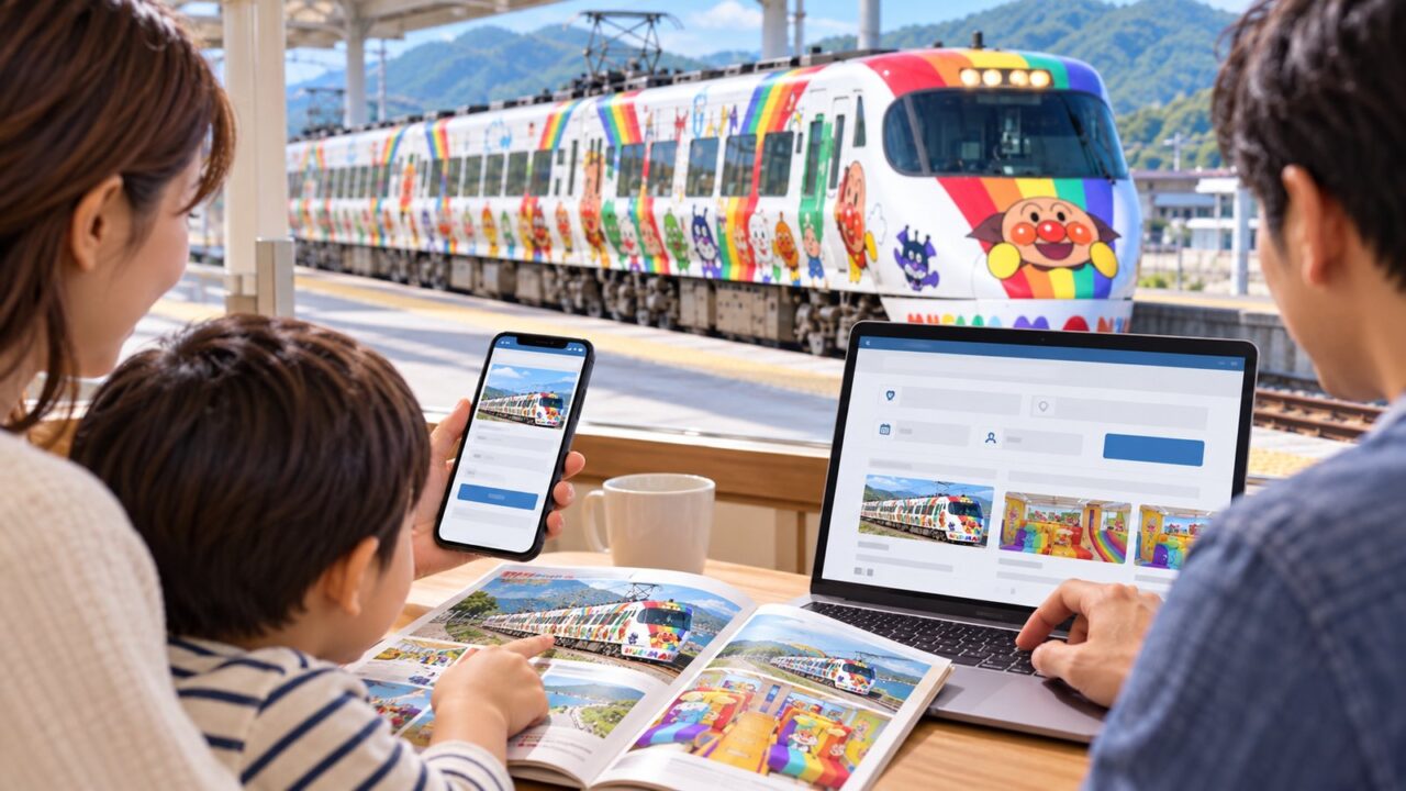 アンパンマン列車プレミアムツアー2026年10月版|料金・特典・予約前の注意点 5 家族がスマートフォンとパソコンでアンパンマン列車旅行を予約するイメージ