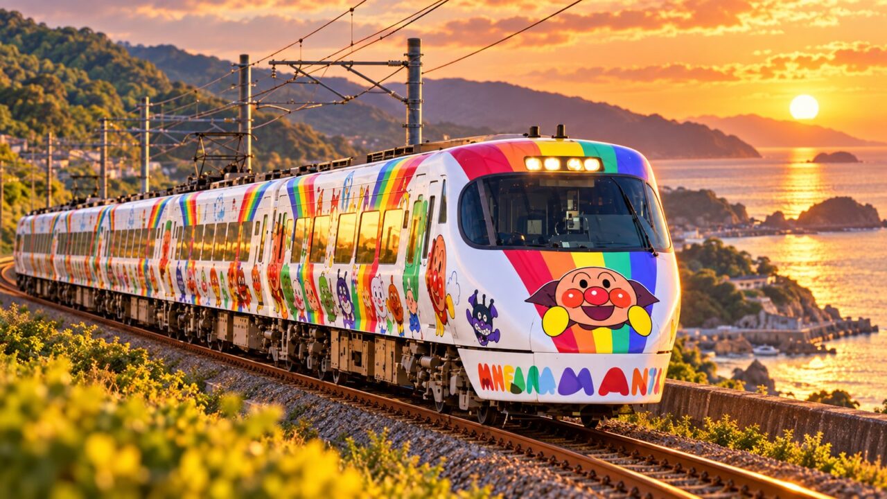 アンパンマン列車プレミアムツアー2026年10月版|料金・特典・予約前の注意点 7 夕暮れの海沿いを走る8000系アンパンマン列車をイメージした画像