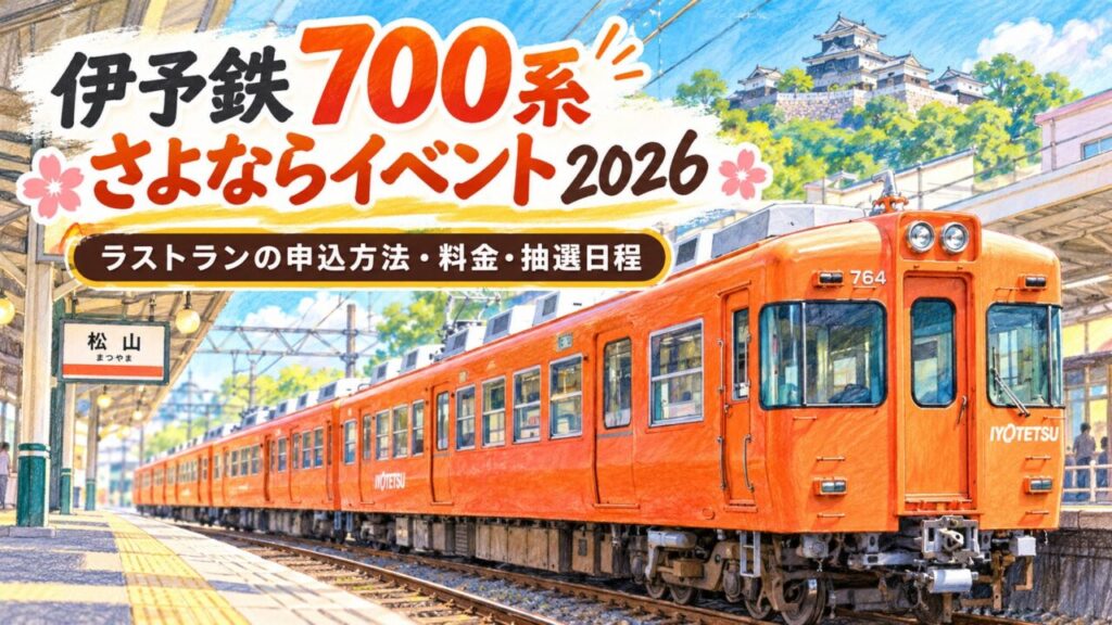 伊予鉄700系さよならイベント2026のラストラン申込方法・料金・抽選日程を解説する記事のアイキャッチ画像です。