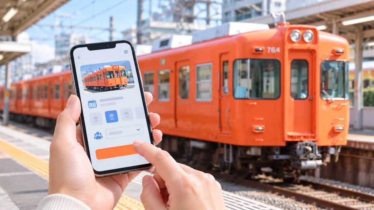 伊予鉄700系さよならイベント2026|ラストランの申込方法・料金・抽選日程 5 伊予鉄700系を背景にスマートフォンでイベント申込をするイメージ