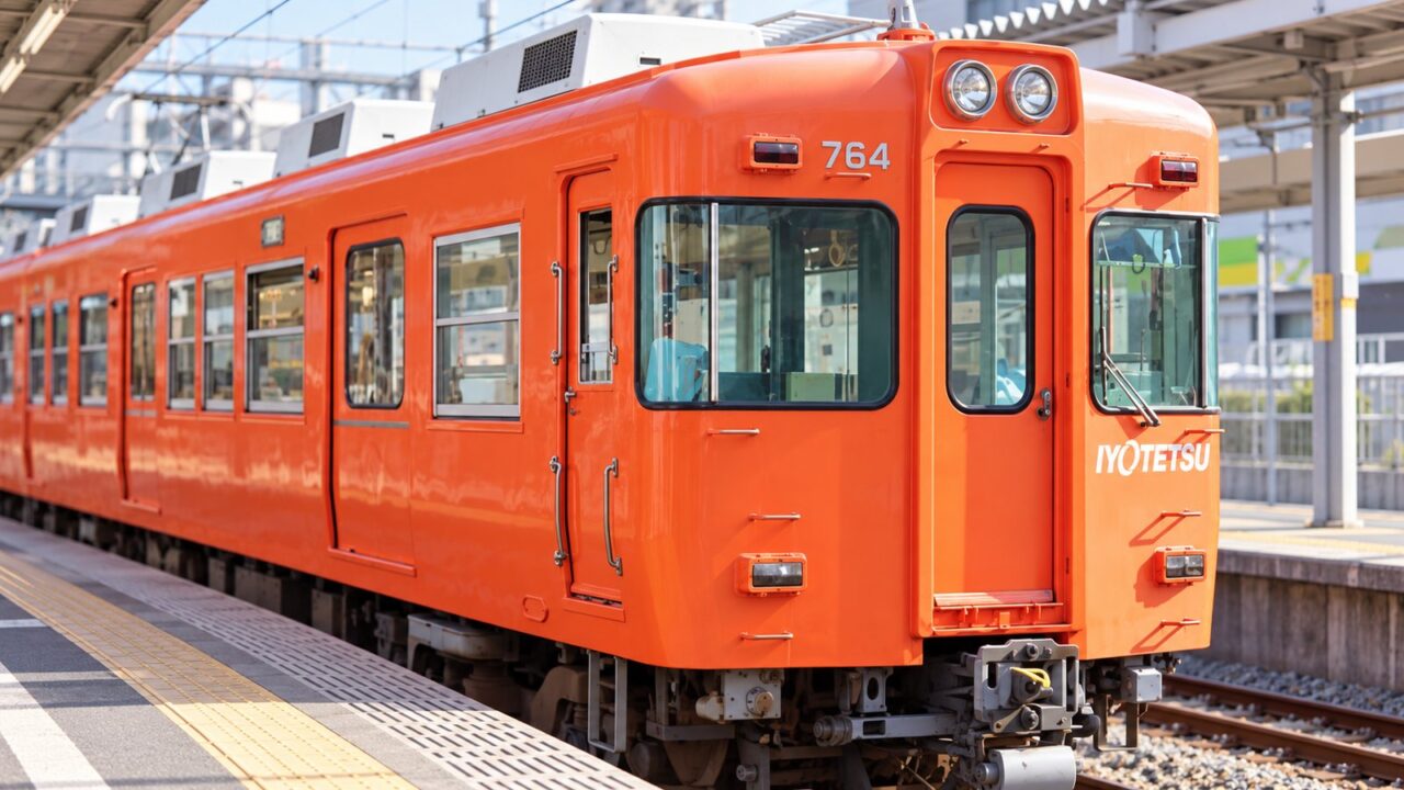 伊予鉄700系さよならイベント2026|ラストランの申込方法・料金・抽選日程 4 駅ホームに停車するオレンジ色の伊予鉄道700系を正面寄りから見たイメージ