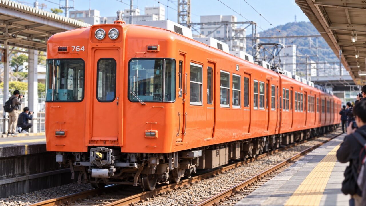 伊予鉄700系さよならイベント2026|ラストランの申込方法・料金・抽選日程 6 駅ホームで撮影されるオレンジ色の伊予鉄道700系ラストランをイメージした画像