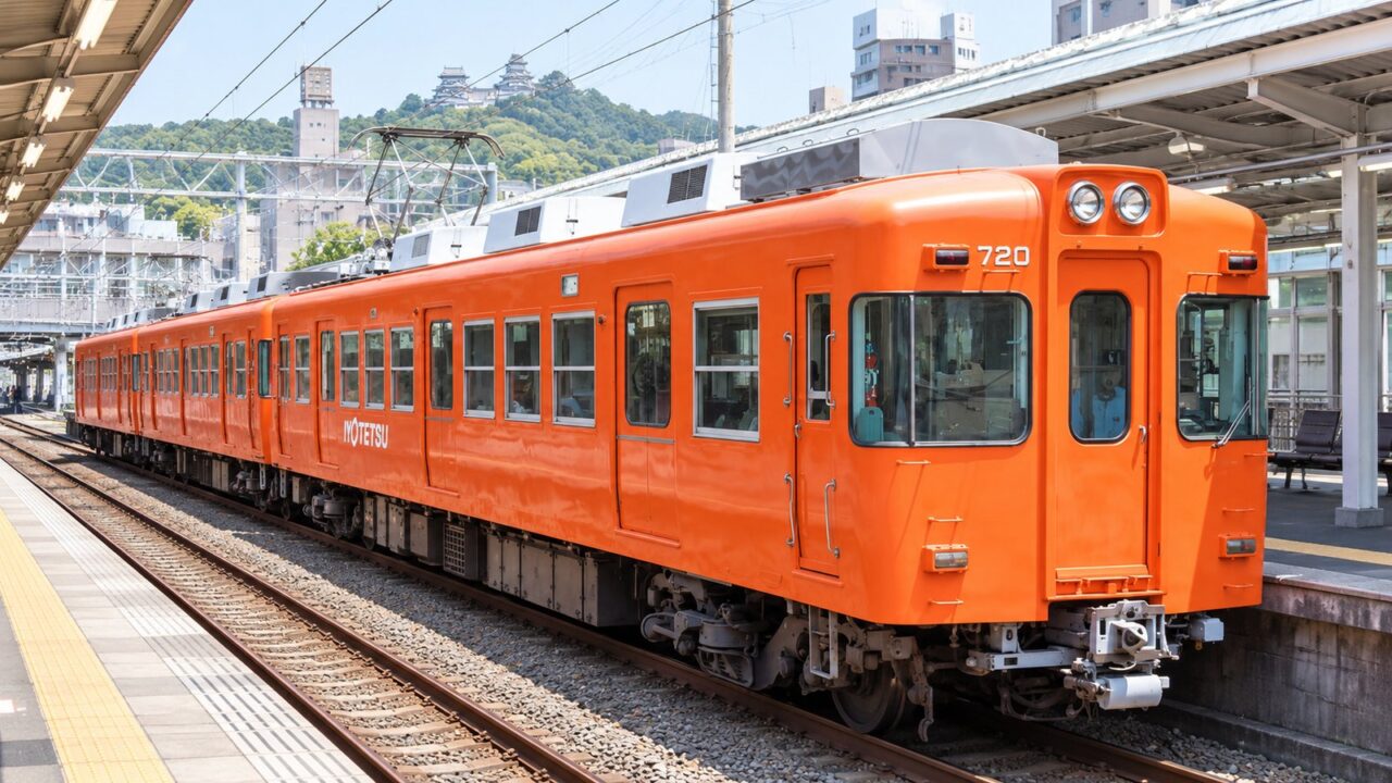 伊予鉄700系さよならイベント2026|ラストランの申込方法・料金・抽選日程 3 松山市内の駅に停車するオレンジ色の伊予鉄道700系をイメージした画像