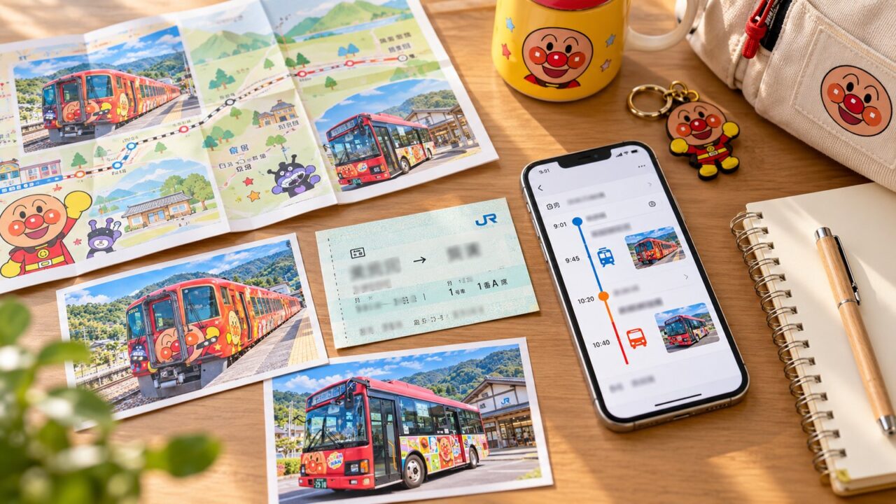 高知やなせたかし記念館プレミアムきっぷ|料金・利用方法・アンパンマンバスの乗り方を解説 7 アンパンマン列車と高知旅行の1泊2日プランを考える家族旅行のイメージ