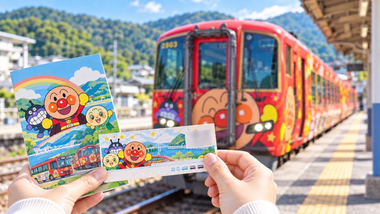 高知やなせたかし記念館プレミアムきっぷ|料金・利用方法・アンパンマンバスの乗り方を解説 2 高知やなせたかし記念館プレミアムきっぷをイメージした列車とチケット