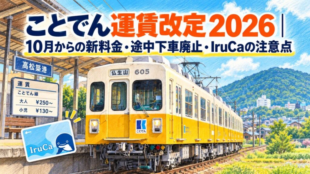 ことでん運賃改定2026の新料金、途中下車廃止、IruCaの注意点を解説する記事のアイキャッチ画像です。