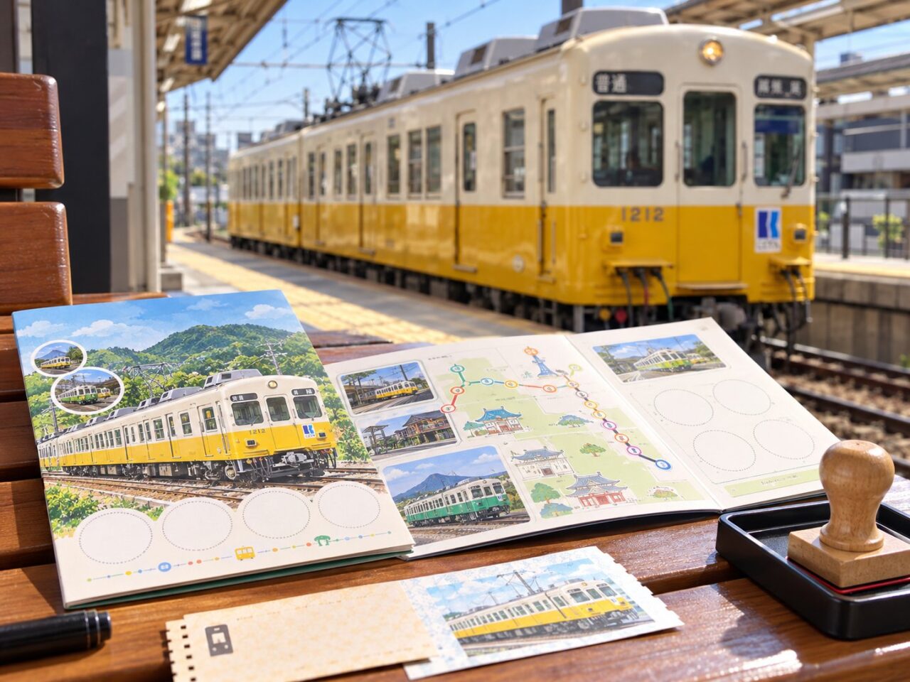 ことでんの車両写真や路線図を載せたスタンプラリー手帳のイメージ
