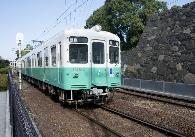 石垣の横を走る緑とクリーム色のことでん車両1305号