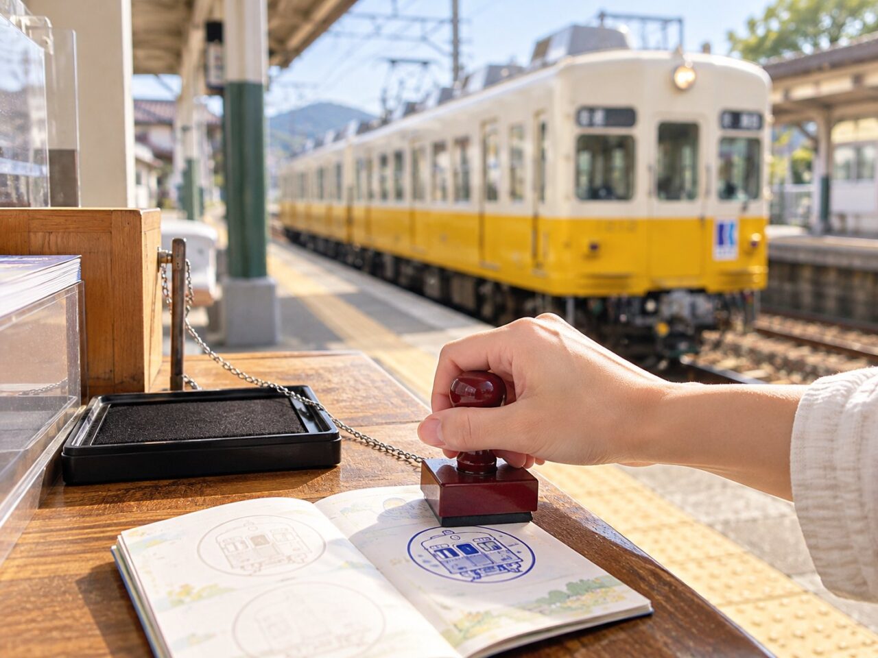 ことでんの黄色い電車を背景にスタンプ帳へ駅スタンプを押す手元