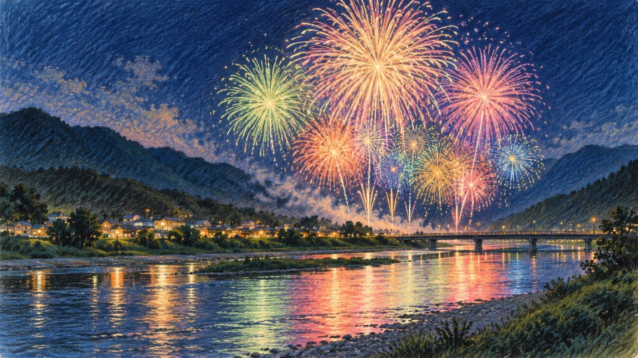 徳島県西部の川沿いに色とりどりの花火が広がる色鉛筆画風イメージ