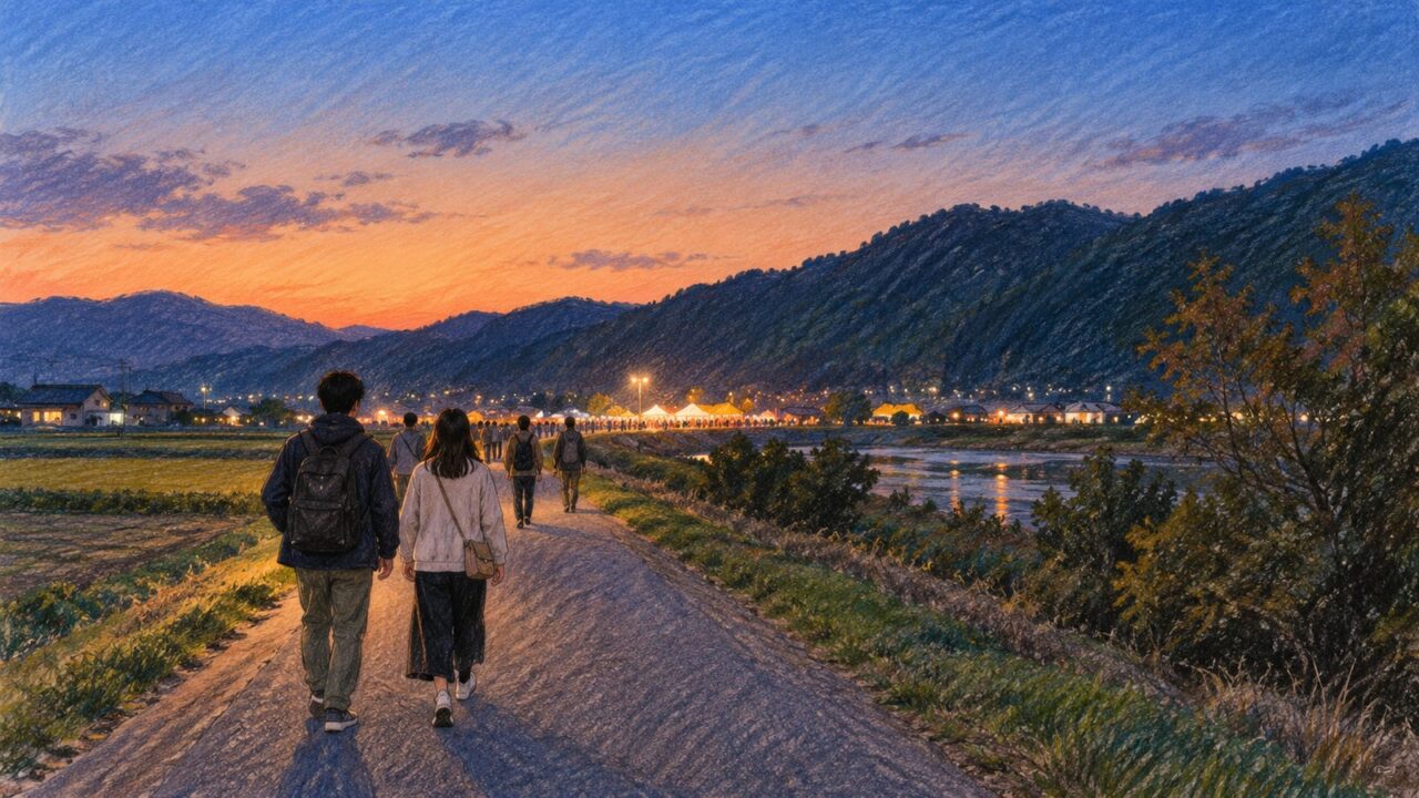 夕暮れの田園地帯を歩いて花火会場へ向かう旅行者の色鉛筆画風イラスト