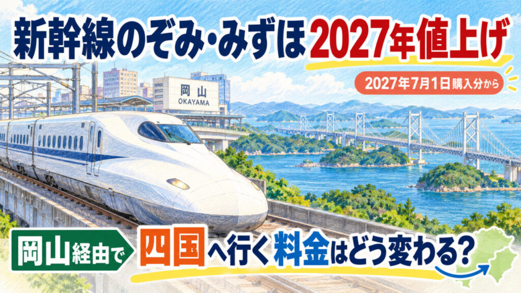 新幹線のぞみ・みずほ2027年値上げと岡山経由で四国へ行く料金への影響を示す色鉛筆画風イラスト