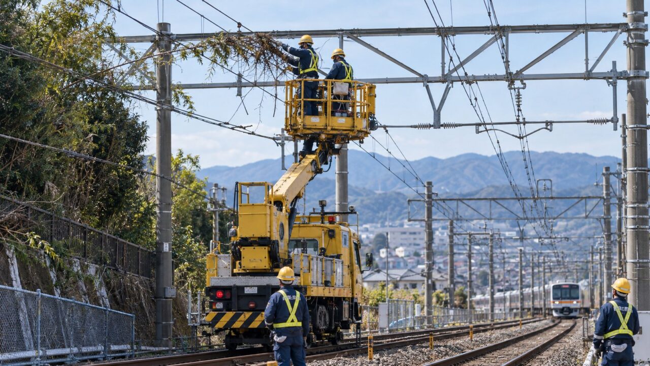 高所作業車で架線付近の飛来物を除去する鉄道作業員