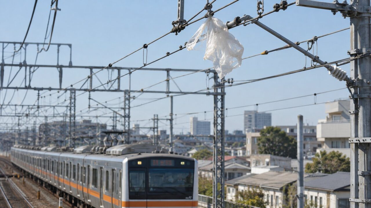鉄道の架線に絡みついた白いビニール袋