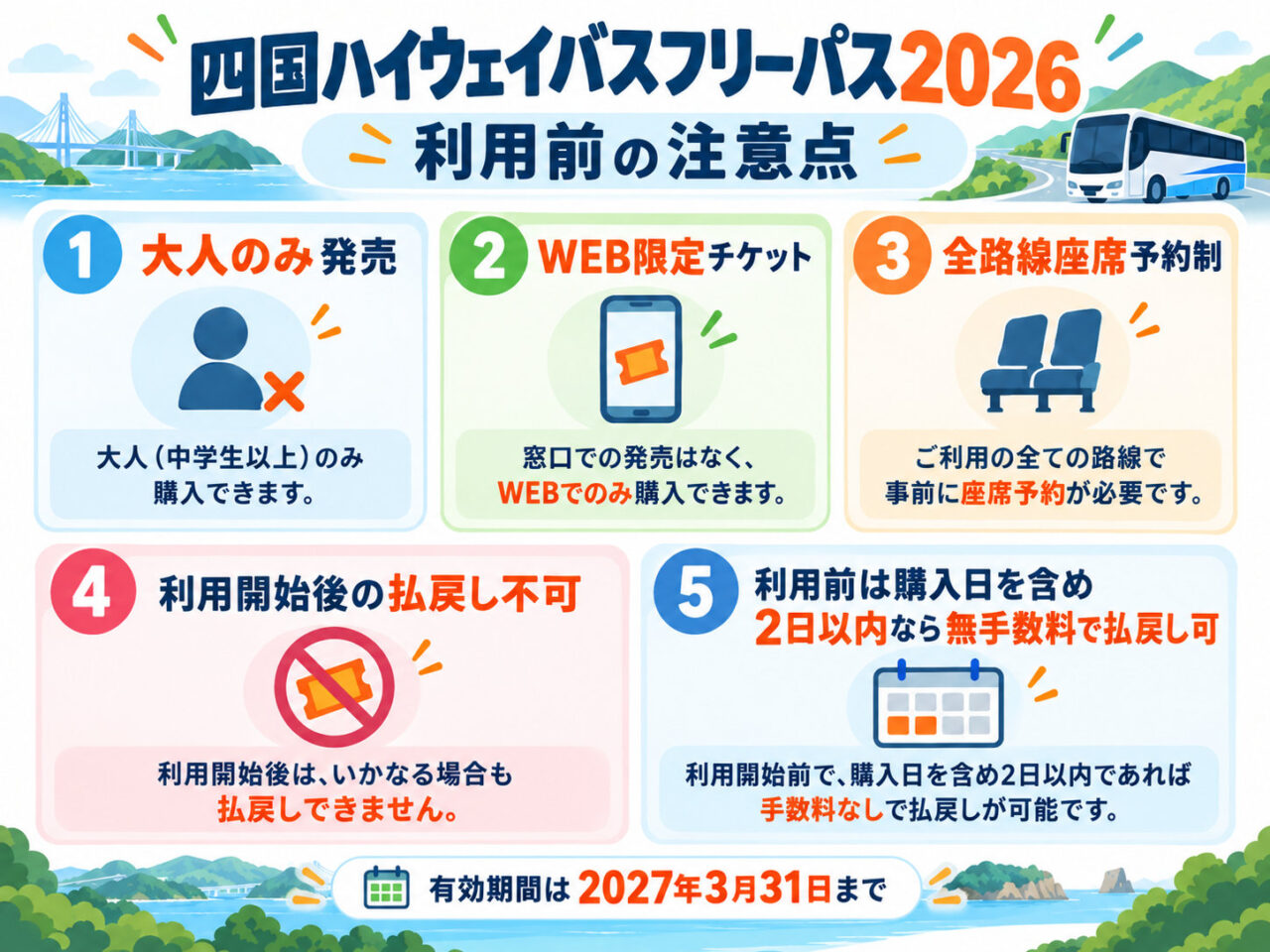 大人限定WEB限定座席予約制払戻条件などフリーパス利用前の注意点