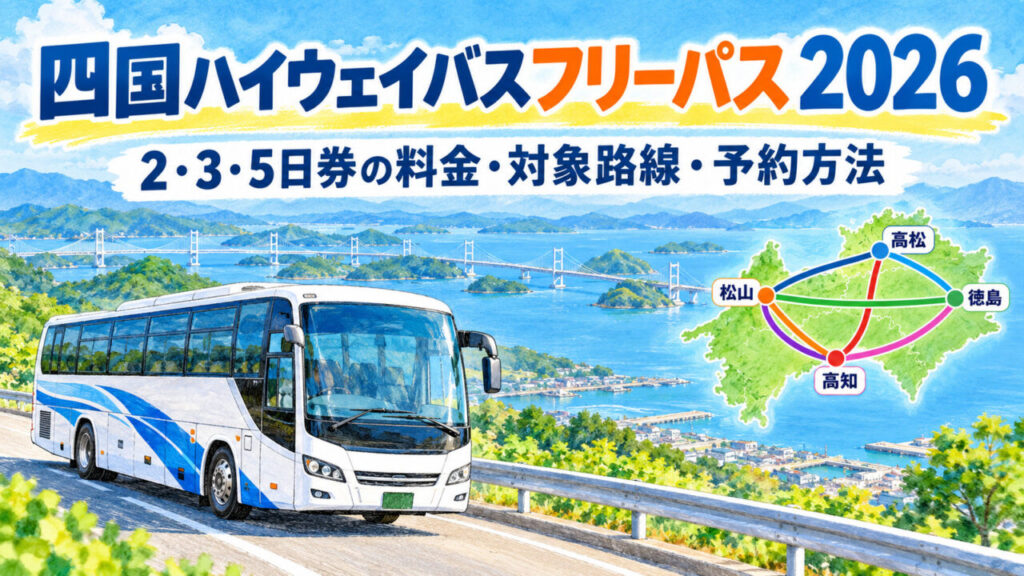 四国ハイウェイバスフリーパス2026の料金・対象路線・予約方法を紹介する色鉛筆画風アイキャッチ画像