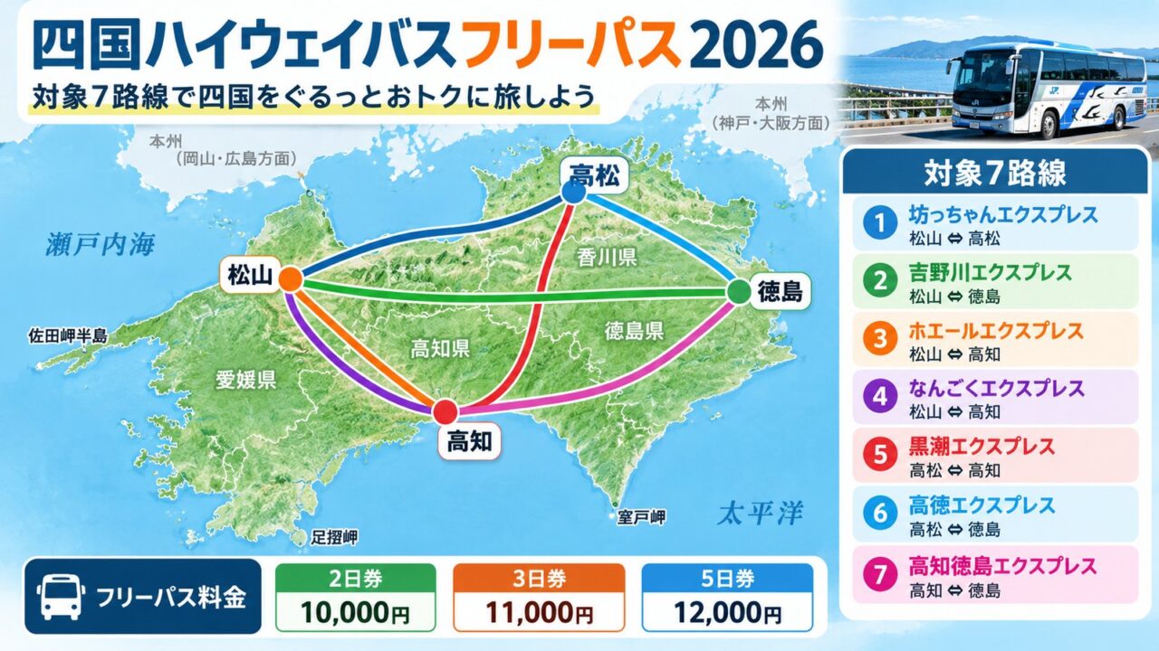 四国ハイウェイバスフリーパス対象の高松松山高知徳島7路線模式図