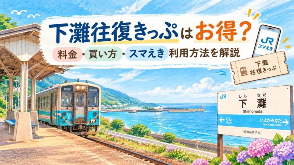 下灘往復きっぷの料金・買い方・スマえき利用方法を解説する記事のアイキャッチ画像です。