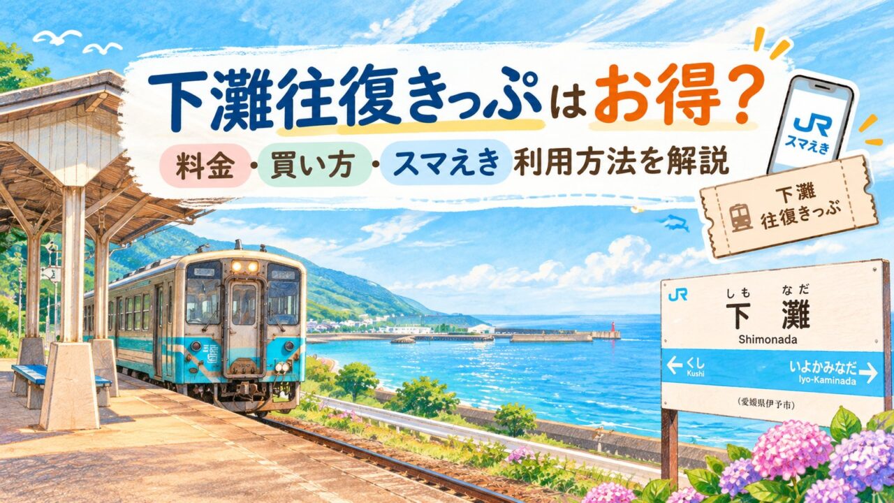 下灘往復きっぷの料金・買い方・スマえき利用方法を解説する記事のアイキャッチ画像です。