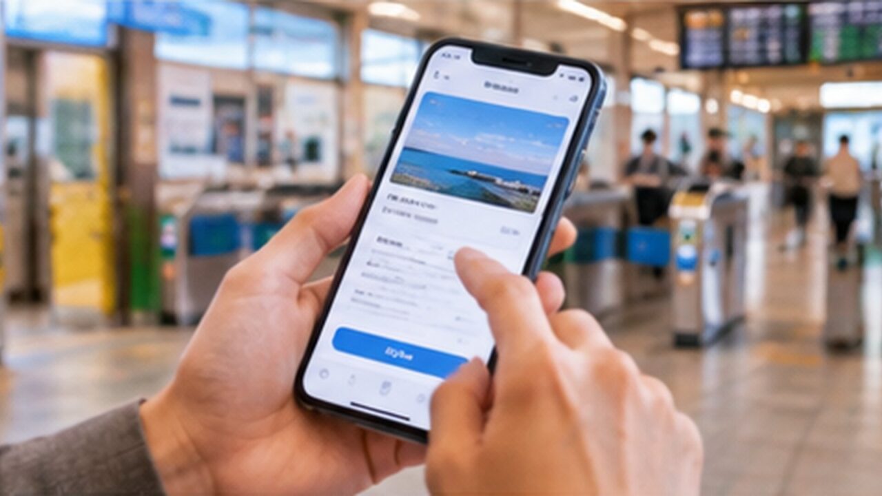 駅でスマートフォンを操作して下灘往復きっぷを購入するイメージ