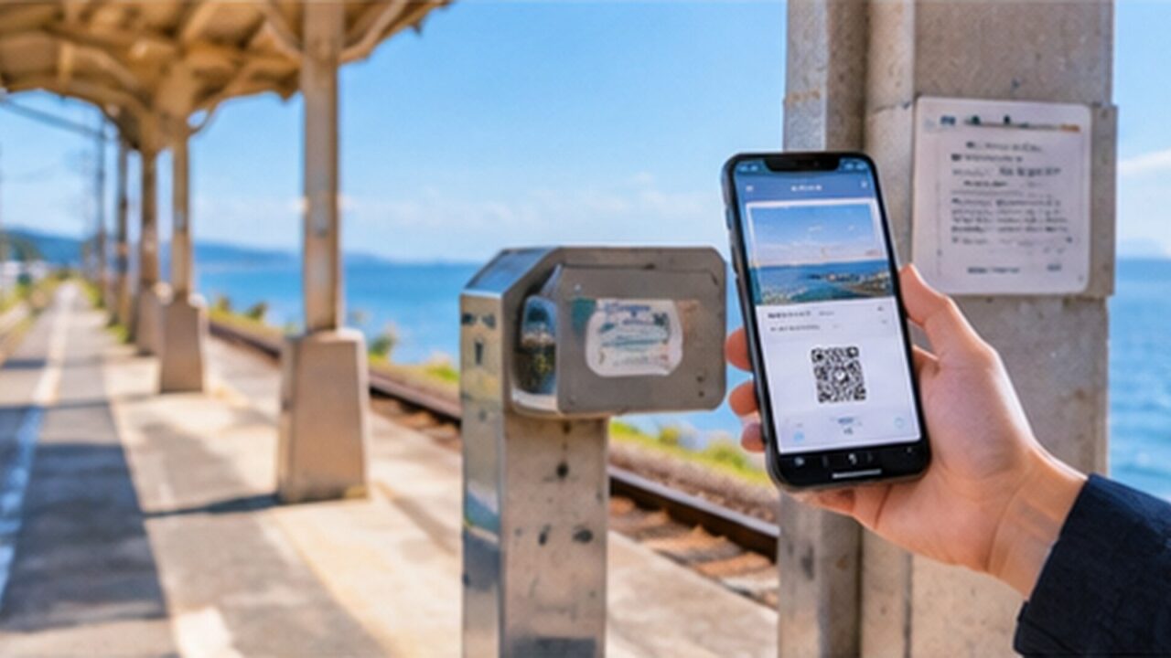下灘駅のホームでスマートフォンのきっぷ画面を表示するイメージ