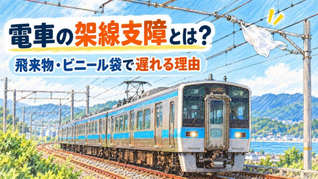 電車の架線支障とは何か、飛来物やビニール袋で遅れが発生する理由を解説するアイキャッチ画像
