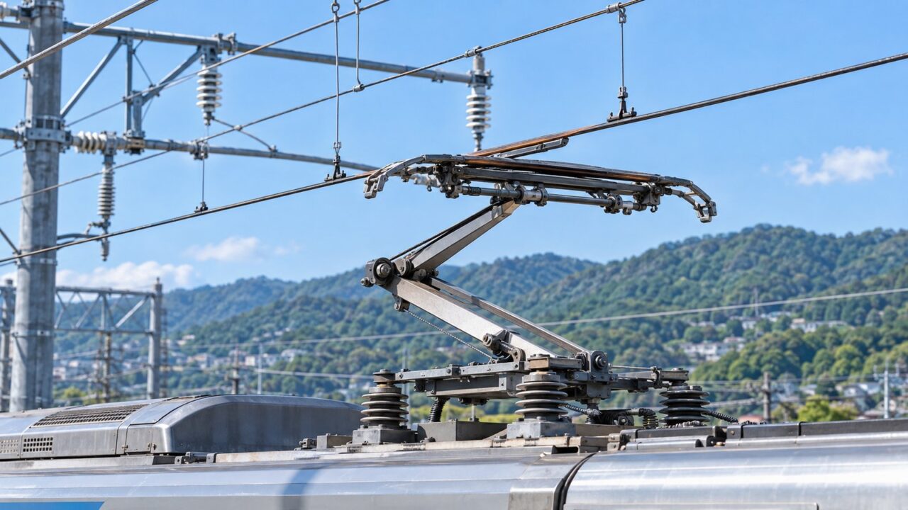 架線に接触して集電する電車のパンタグラフ