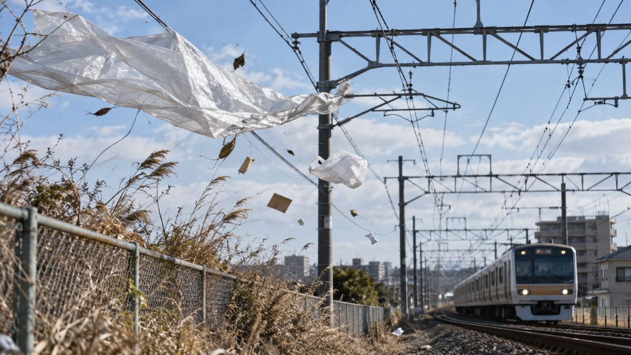 強風でビニールや軽いごみが鉄道の架線へ飛ばされる様子